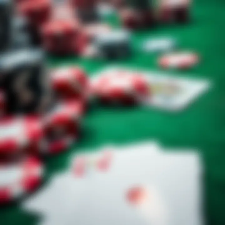 A close-up view of poker chips and playing cards spread out on a green felt table, illustrating a low stakes poker game setting.