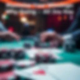 Poker chips and cards on a table Close-up of poker chips and cards with a player preparing to go all in during a game
