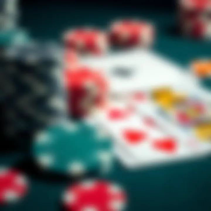 Poker chips and cards on a table A close-up view of poker chips and playing cards, highlighting strategic choices in a poker game.