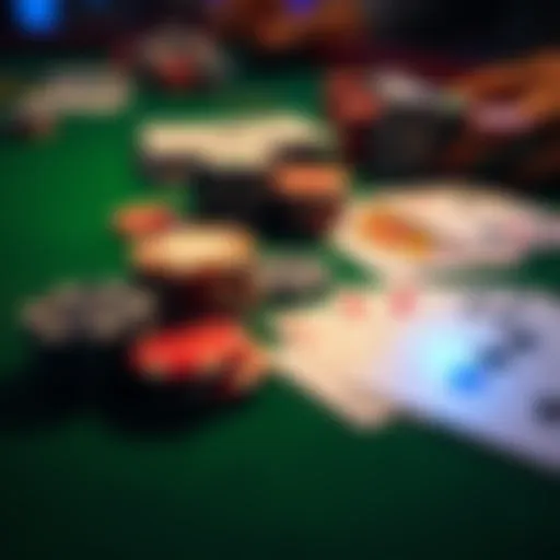 A close-up of poker chips and playing cards on a green felt table, highlighting a tense moment in a game.