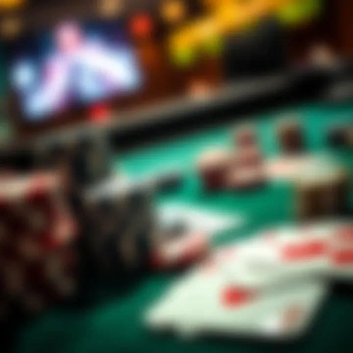 A close-up of poker chips and playing cards on a gaming table, representing QQPoker's online poker experience.