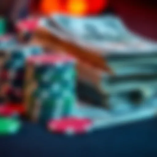 A close-up of colorful poker chips stacked beside a pile of cash, showing a gambling scene