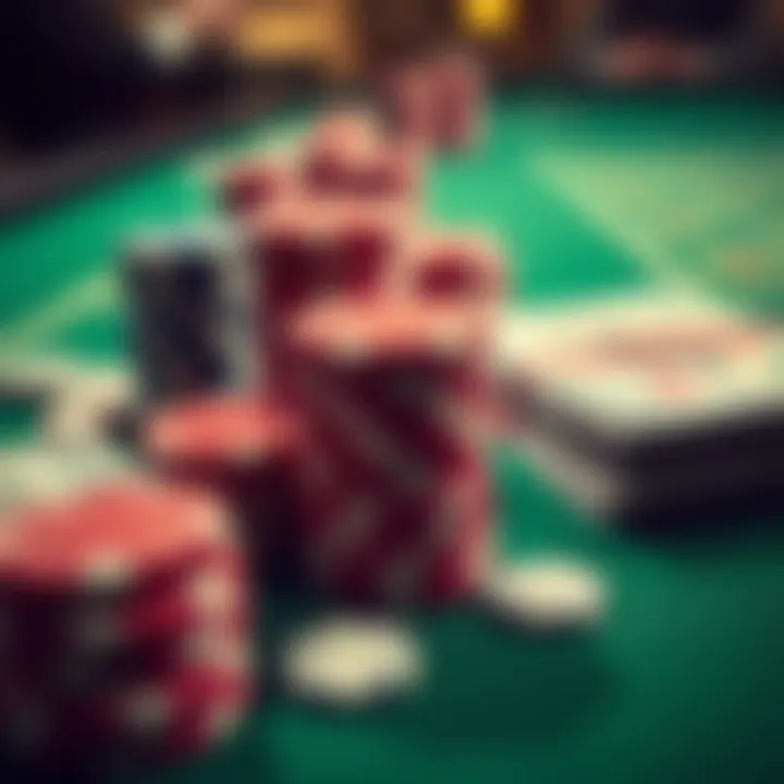A close-up of poker chips and stacks of cash arranged on a green felt poker table showcasing a typical casino setting.