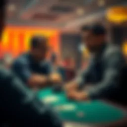 A poker coach and student sit at a table discussing strategies, with poker chips and cards in front of them.