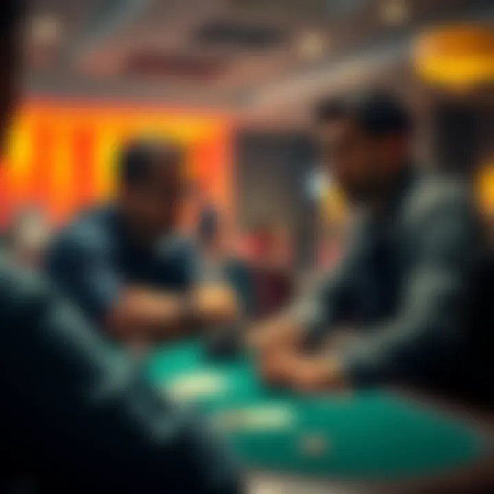 A poker coach and student sit at a table discussing strategies, with poker chips and cards in front of them.
