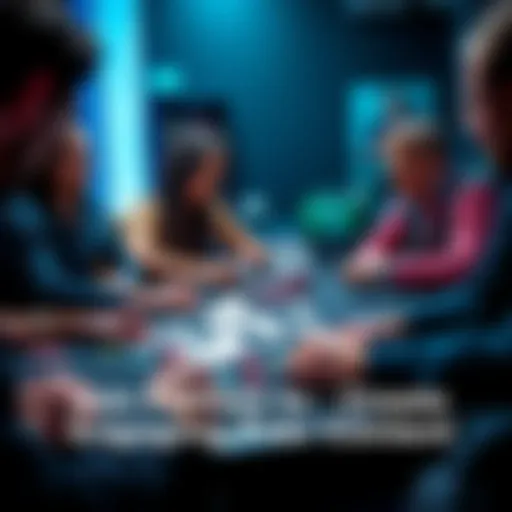A group of poker enthusiasts gathering around a table with cards and chips, discussing ideas for educational content.