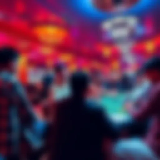 A group of people playing poker at a casino in Colombia with vibrant decorations and a lively atmosphere.