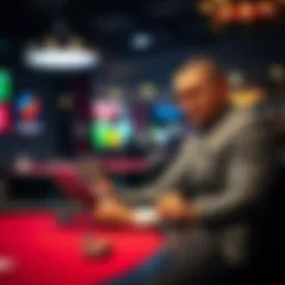A poker dealer reviewing earnings on a tablet while at a poker table, showcasing the DownTracker app features.