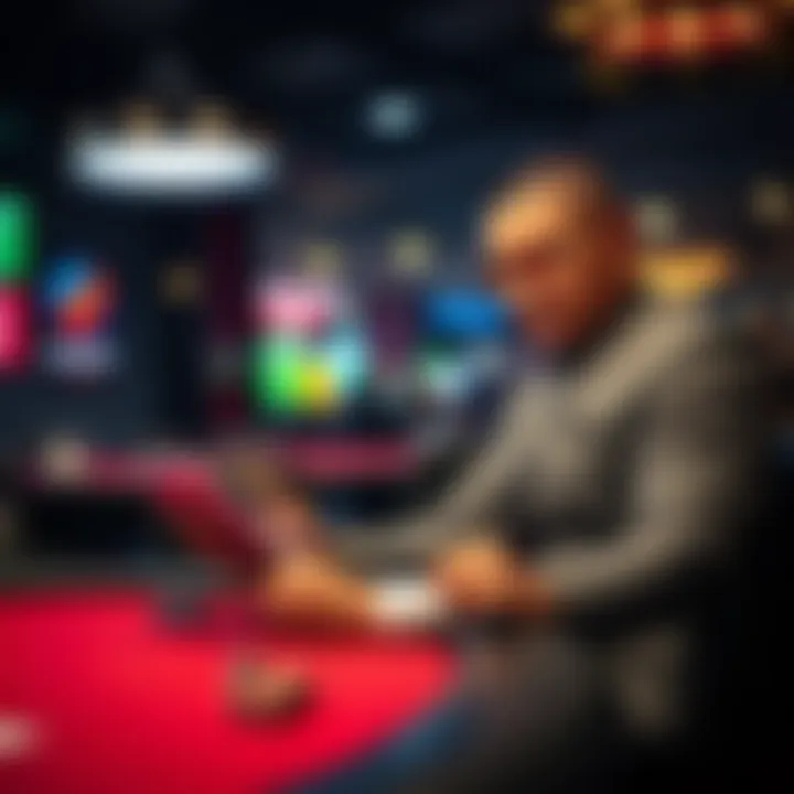 A poker dealer reviewing earnings on a tablet while at a poker table, showcasing the DownTracker app features.