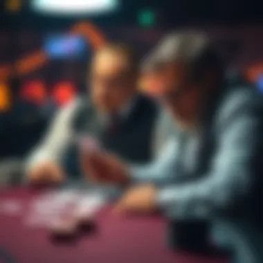 A poker dealer dealing cards while a concerned player watches, expressing frustration at the table.
