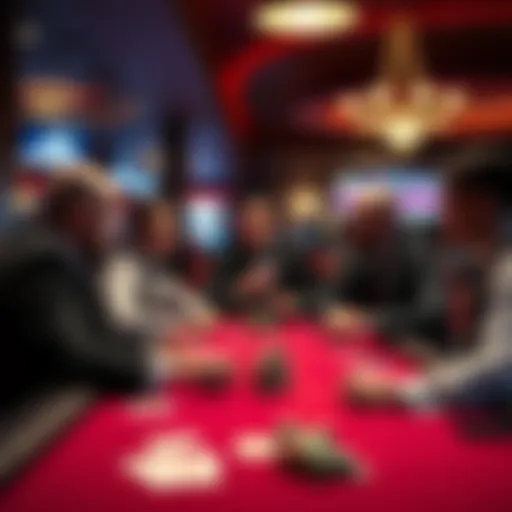 A group of poker dealers discussing their experiences at a casino table with chips and cards in front of them.