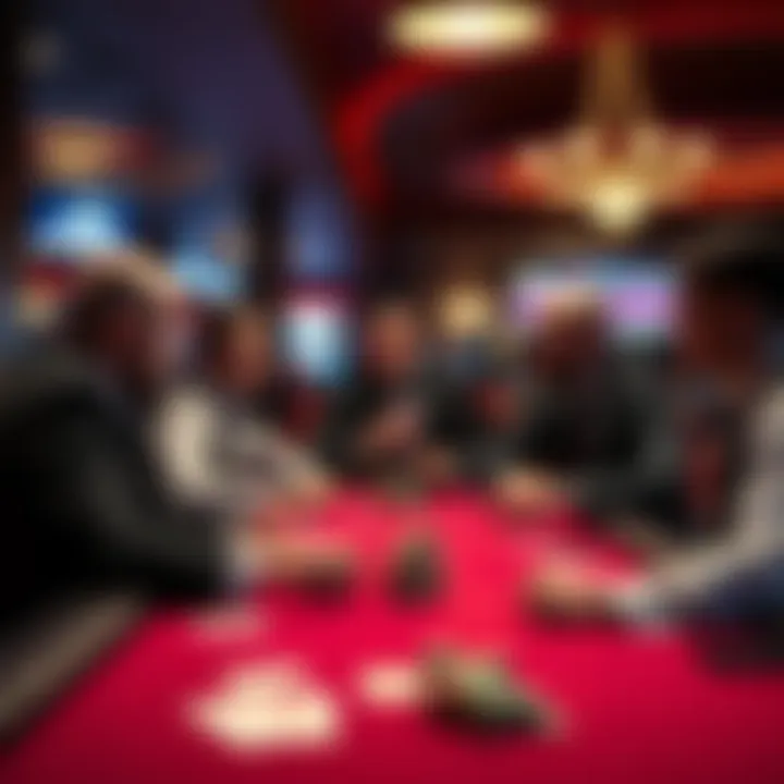A group of poker dealers discussing their experiences at a casino table with chips and cards in front of them.