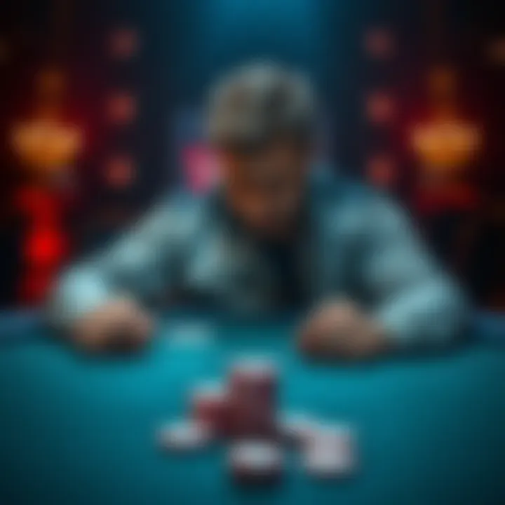 Poker table with disappointed player A poker player sitting at a table with a frustrated expression, looking down at their cards while chips remain in front of them, symbolizing missed opportunities in the game.