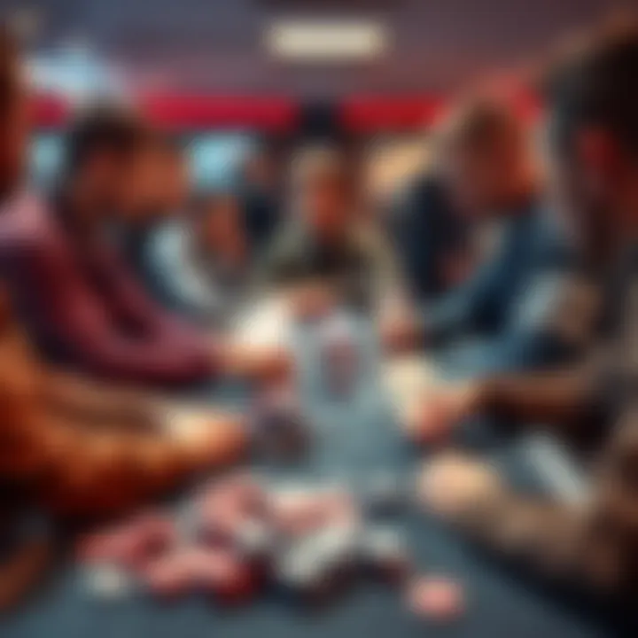 Poker enthusiasts exchanging tips A group of poker fans discussing and trading courses over a table filled with poker chips and cards