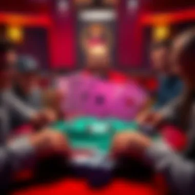 A poker player excitedly reveals four jacks on the table, surrounded by friends in amazement.