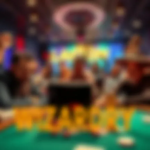 A skilled poker player at a table celebrating a big win, while a semi-drunk opponent humorously calls them a wizard.