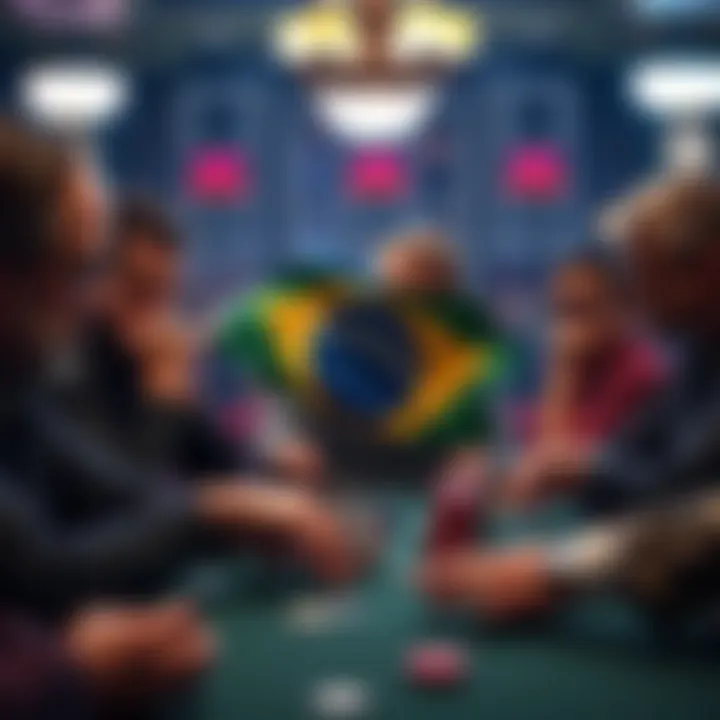 A tense poker game scene with players focused on their cards, showing a mix of emotions like concentration and tension. One player points at a Brazilian flag on the table, sparking debate among onlook...