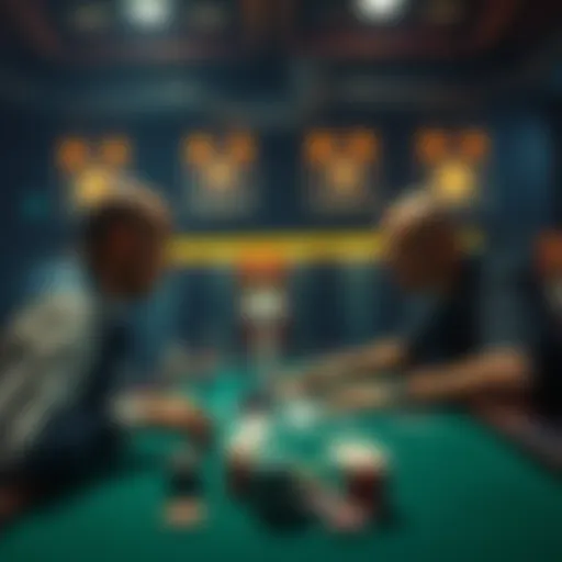 A tense poker scene showing a player contemplating a decision at the table against a tough opponent, with chips and cards in front of them.