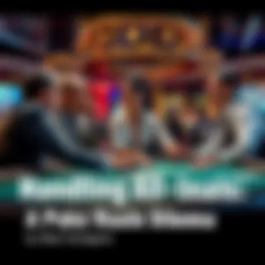 Poker game dispute A poker table scene showing players discussing a ruling while a dealer consults the floor manager