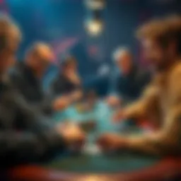 A tense moment at a local poker game with players focused on their cards, one player smiling confidently after a bluff.