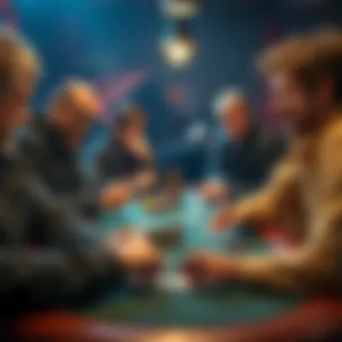 Players at a poker table A tense moment at a local poker game with players focused on their cards, one player smiling confidently after a bluff.