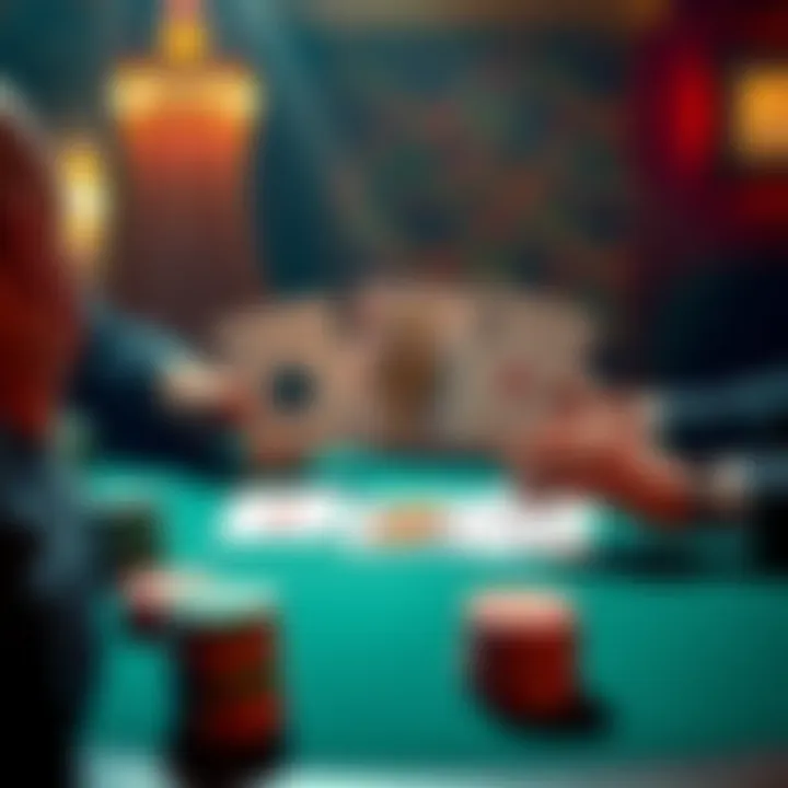 Poker game with QQ and a J77 flop A poker table with cards showing J, 7, and 7, and a player contemplating an all-in move with a pair of Queens