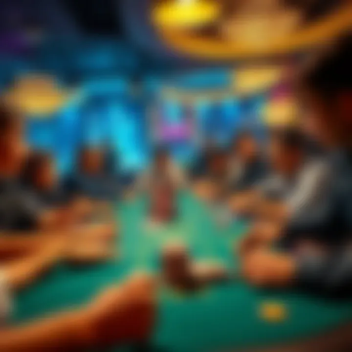 A group of players at a poker table in Kuala Lumpur, focused on their cards and chips, with a lively atmosphere around them.