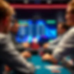A group of people playing poker online, showcasing cash and cryptocurrency options, with cards and chips visible on the screen.