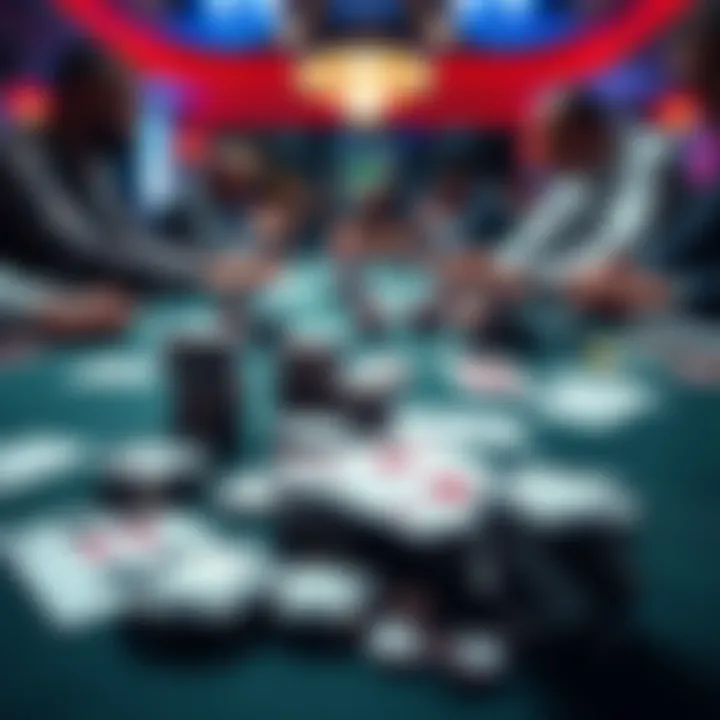 A live poker game scene with chips and playing cards laid out, showing players focused on their hands.