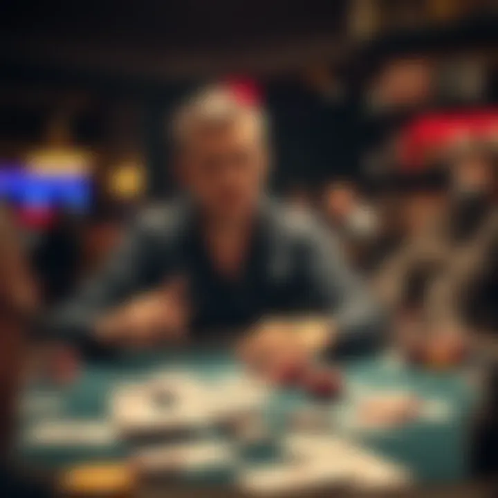 A player looks frustrated at the poker table with scattered cards and chips after a big loss, showing the mental struggle of the game.