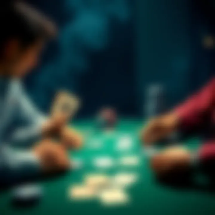 Two characters playing poker, one holding eights and the other holding a Jack, with cards laid out on the table showing their hands.