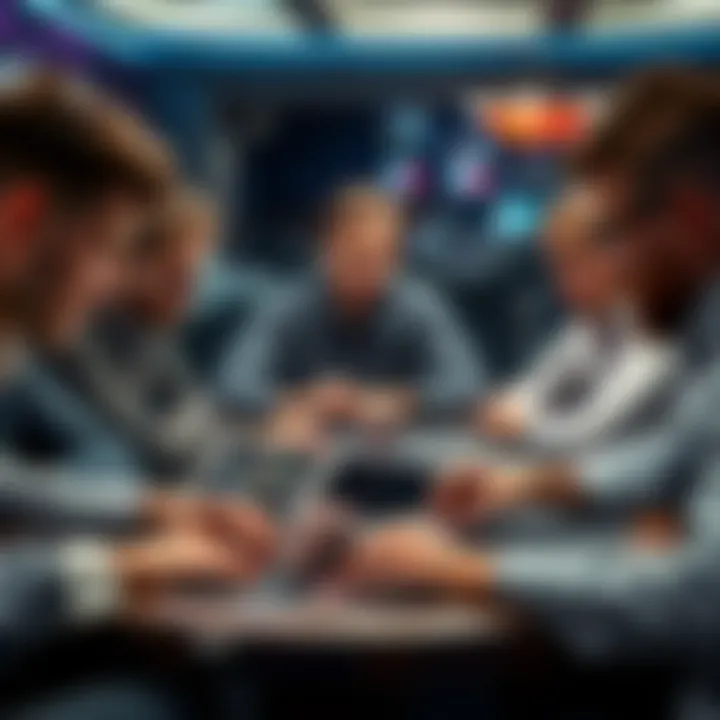 A group of poker players engaged in a game, showing focused expressions and strategy discussion around the table.