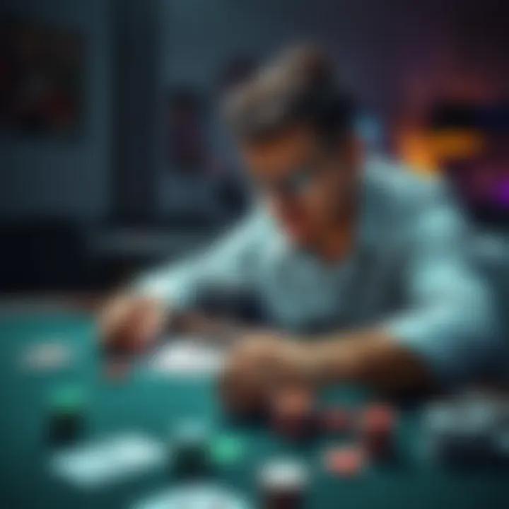 A person studying poker strategies with cards and chips on a table
