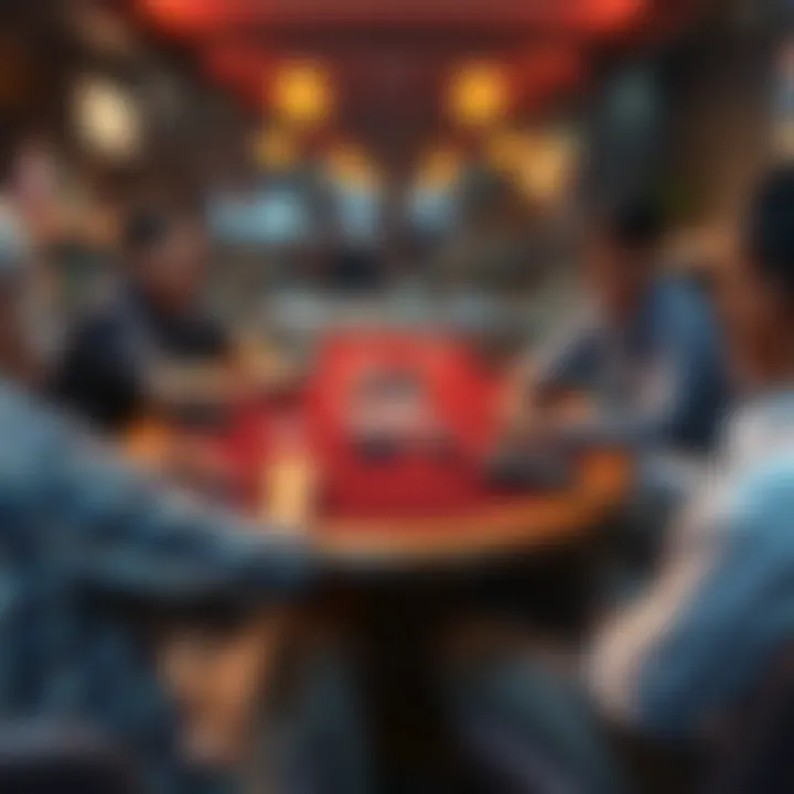 A group of friends playing poker around a table with cards and chips, showing a lively home game atmosphere in Thailand.