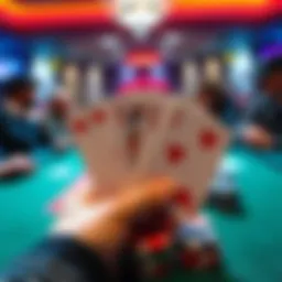 Poker hand with QThh cards A poker table showing a hand with queen of hearts and ten of hearts, surrounded by chips and players focused on the game.