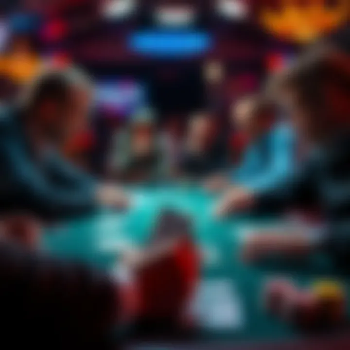 A tense moment in a live poker game showing players deep in thought and cards on the table