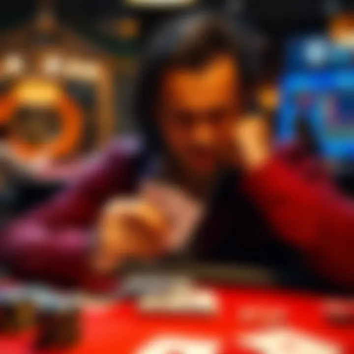 A thoughtful poker player examines their cards at a table, showing a focused expression while analyzing a recent hand loss.
