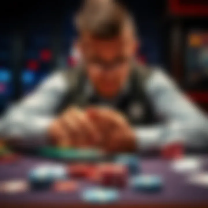 Poker Hand Analysis A poker player analyzing their hand at a table with chips and cards.