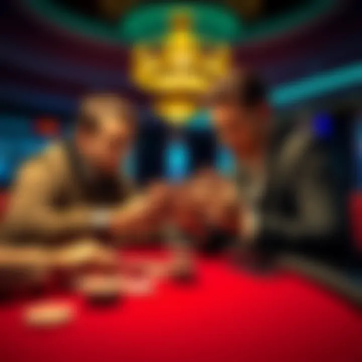 Two players at a casino table analyzing their cards in a 5/10 NL poker hand