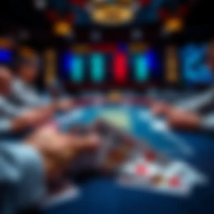 Poker hand analysis A hand of poker cards spread on a table, with players focused on the gameplay and raise percentages displayed on a screen in the background.