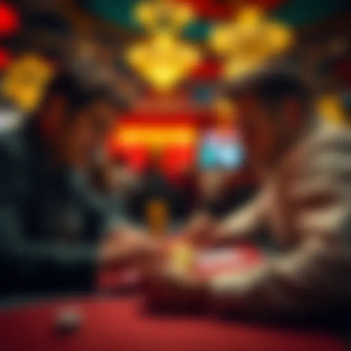 Intense poker hand at local casino Two players engaged in a 1/3 NLH hand, one with a strong hand looks uncertain, while the loose opponent appears confident