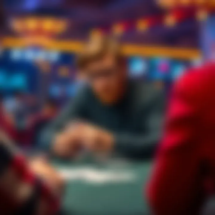 A player at a poker table looking at their cards, concerned after an all-in move from an opponent. The player's hand includes a QJ of diamonds.