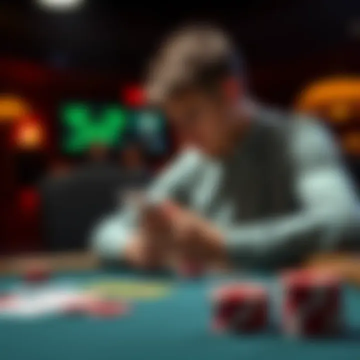 A player studying their cards at a poker table, deep in thought over a challenging hand in No-Limit Hold'em.