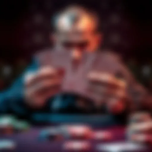 A poker player shows a hand of cracked aces, contemplating decisions with a concerned expression while examining his cards and the board.
