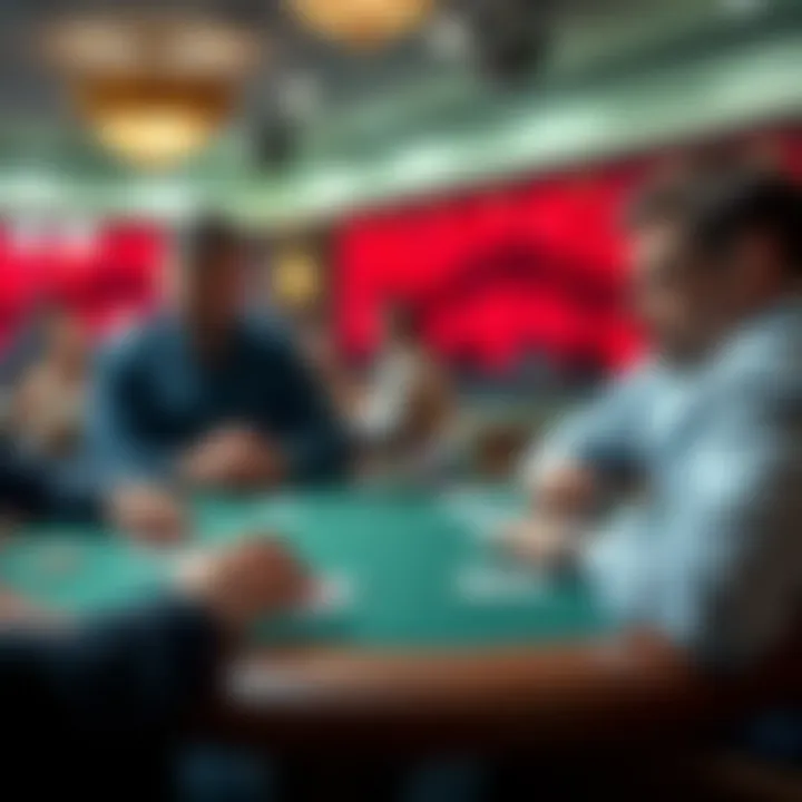 A poker table with three players engaged in a hand, showing cards and chips, with one player looking pensive after folding their hand.
