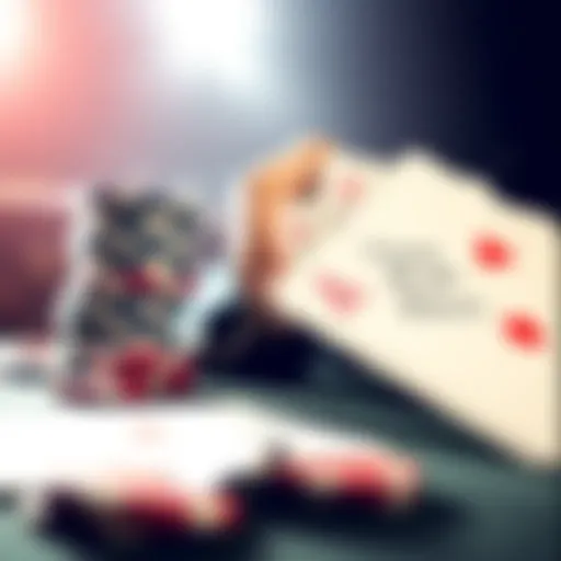 Poker hand with chips and cards A close-up of a poker table showcasing a hand in play with cards and chips stacked, highlighting an intense bluffing scenario.