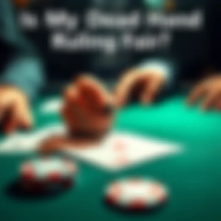 A poker table showing a player's hand with cards; one card lies on the muck, creating a debate about the hand's validity.