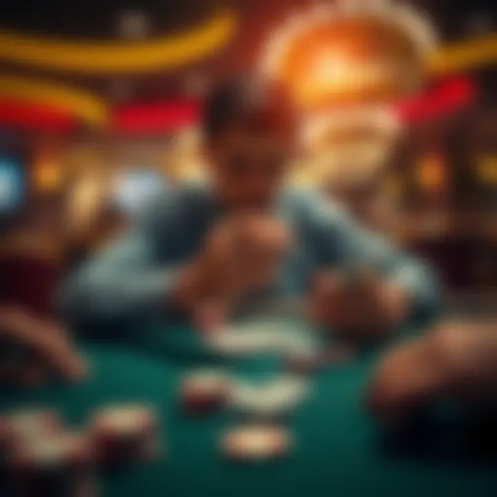 A player analyzing their hand at a poker table during a high-stakes game with chips and cards in focus