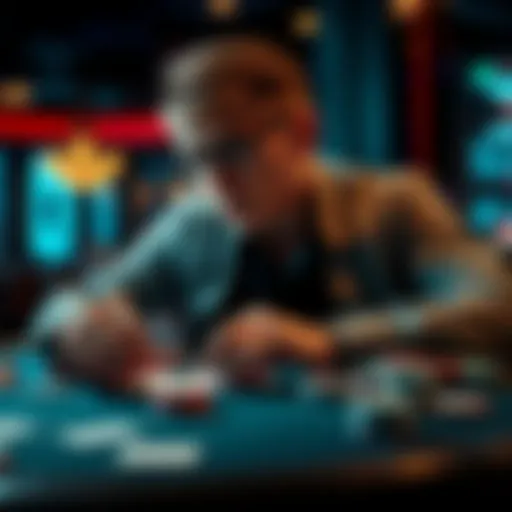 A player analyzing poker cards on a table during a critical moment in the game, focused and deep in thought.