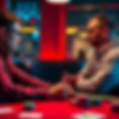 A player contemplating a decision over a poker hand with A♥K♥K♦4♠, while discussing with their coach at a table